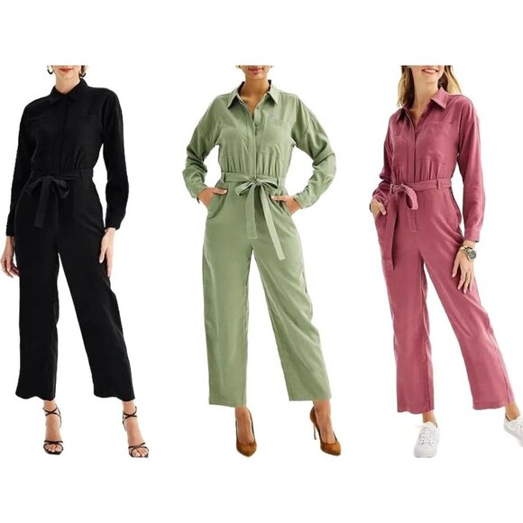 NEW NWT Nine West Black Belted Utility Jumpsuit Long Sleeve Medium Pockets - Picture 2 of 14